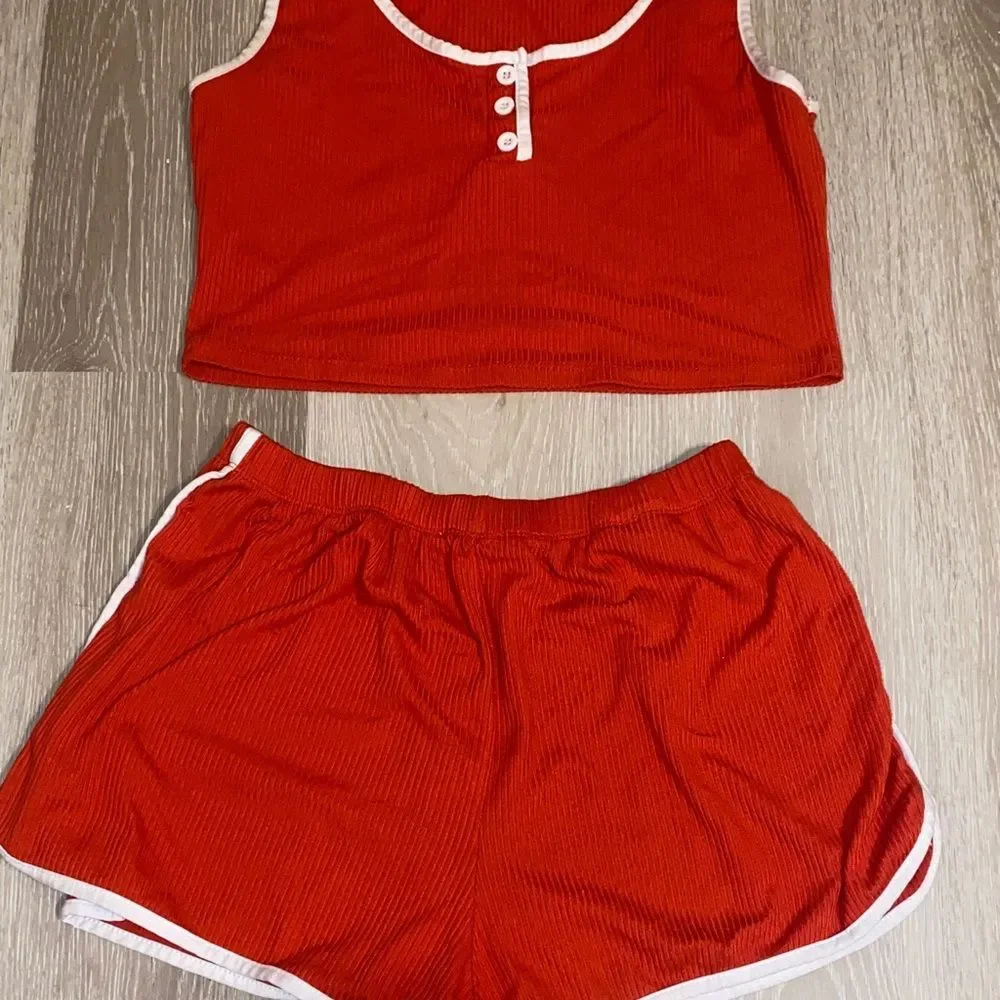 Capella Cropped Ribbed Tank and High Waisted Loungewear Shorts 2 Piece Set sz Lg